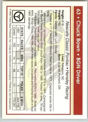 Chuck Bown - 1992 Traks - #63 - Racing - Racing Card Single