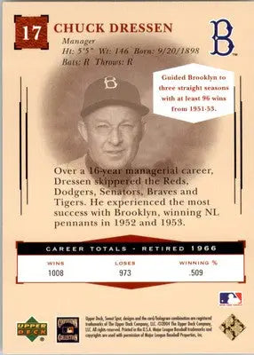 Chuck Dressen - 2004 Upper Deck Sweet Spot Classic - #17 - Baseball - Baseball Card Single