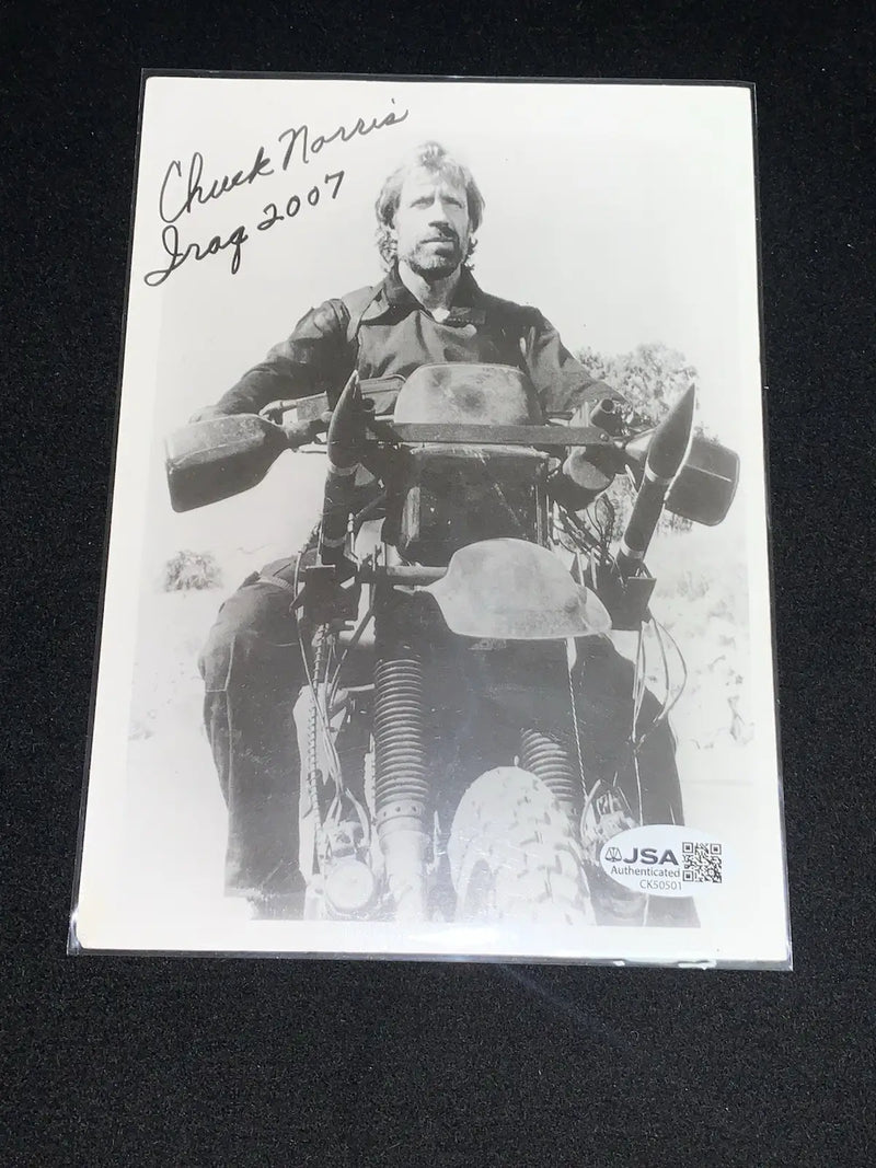 CHUCK NORRIS AUTOGRAPHED B&W 5x7 Signed PHOTO Iraq Motorcycle JSA Auto