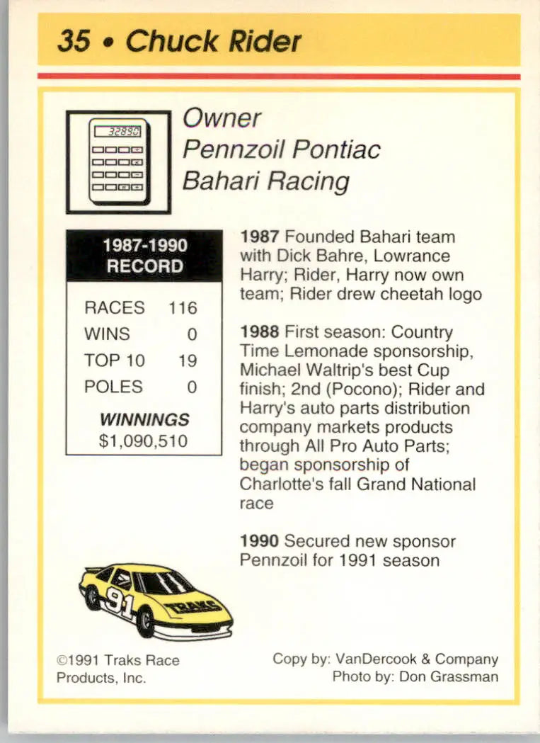 Chuck Rider - 1991 Traks - #35 - Racing - Racing Card Single