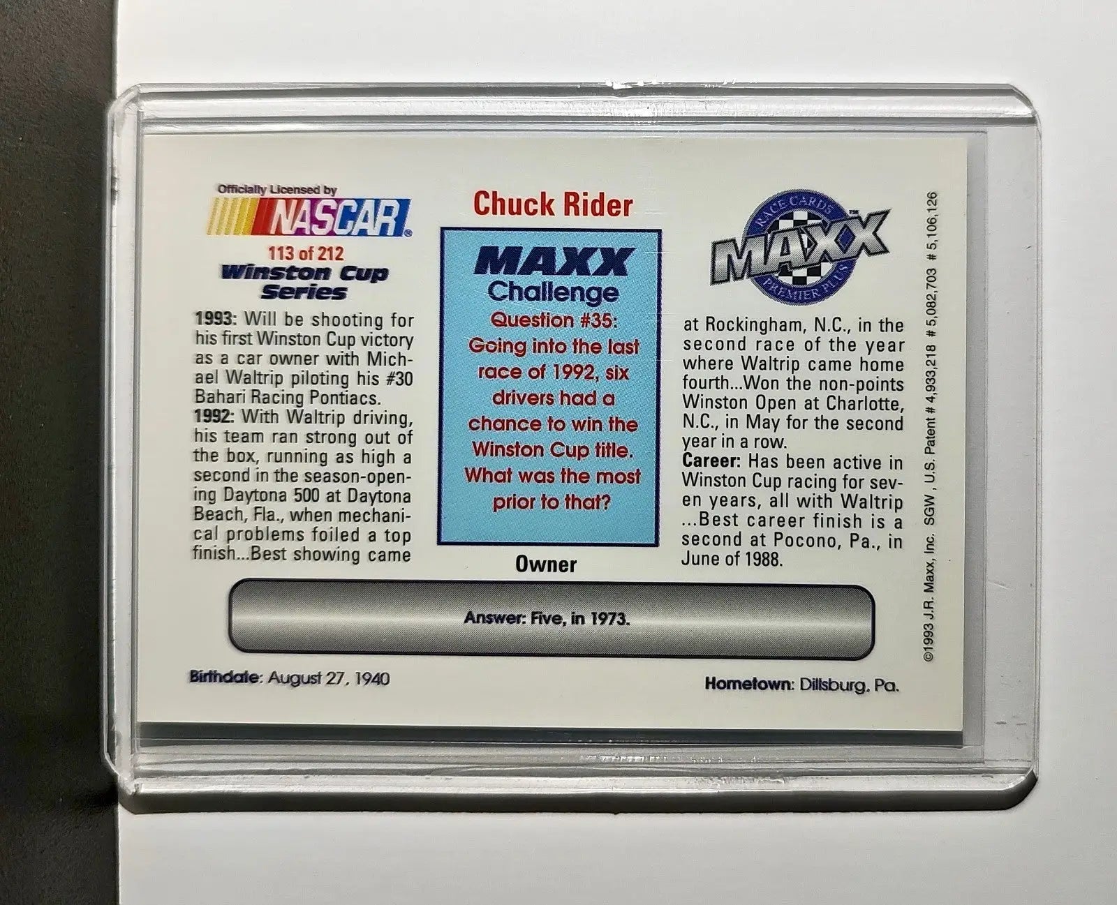 Chuck Rider 1993 Maxx Premier Plus Racing #113 NASCAR Card Bahari Racing