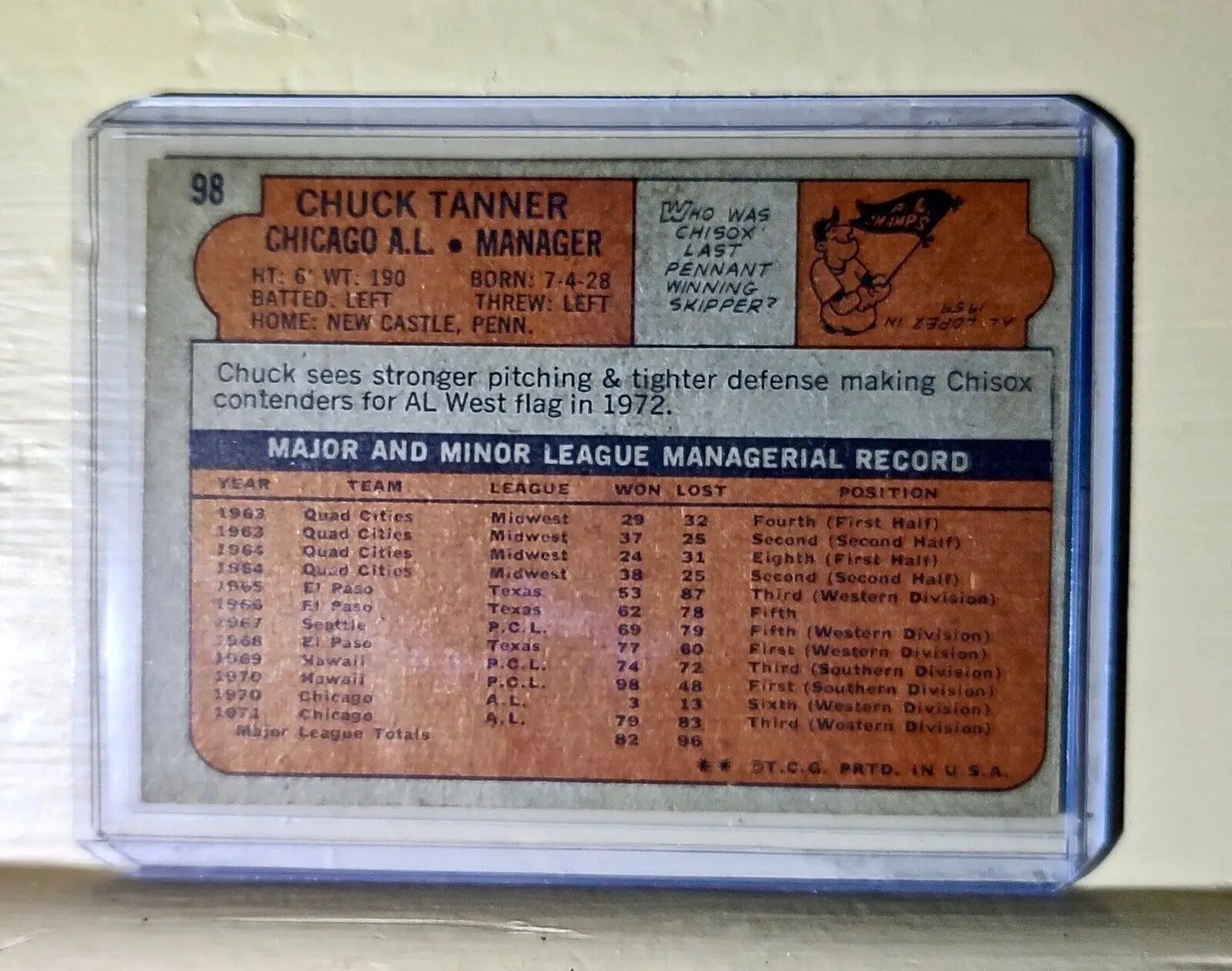 Chuck Tanner 1972 Topps #98 Baseball Card Chicago White Sox Manager