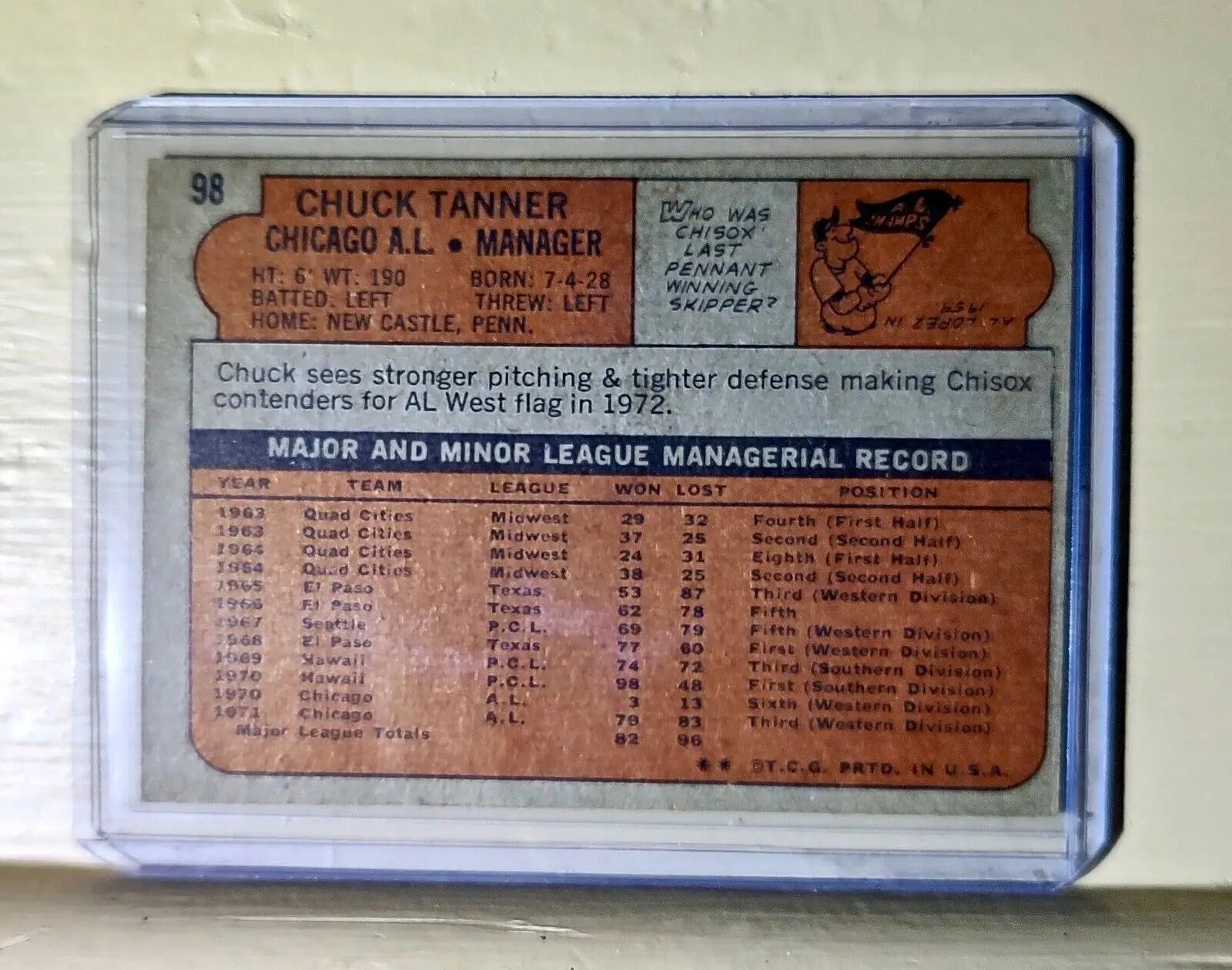 Chuck Tanner 1972 Topps #98 Baseball Card Chicago White Sox Manager