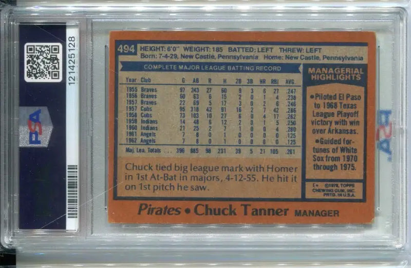 Chuck Tanner Autographed 1978 Topps #494 Pirates Manager Card PSA 4 DNA 7 Auto - Baseball Card Single