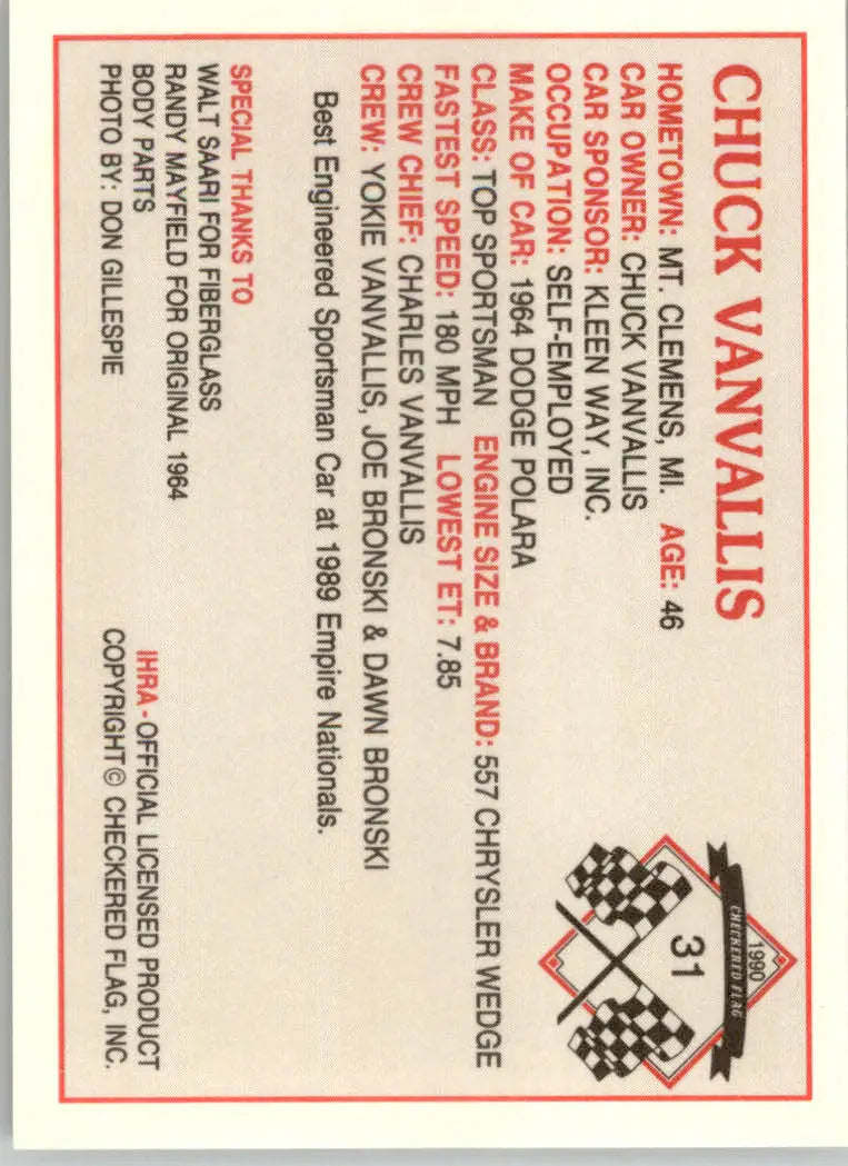 Chuck VanVallis - 1990 Checkered Flag IHRA - #31 - Racing - Racing Card Single
