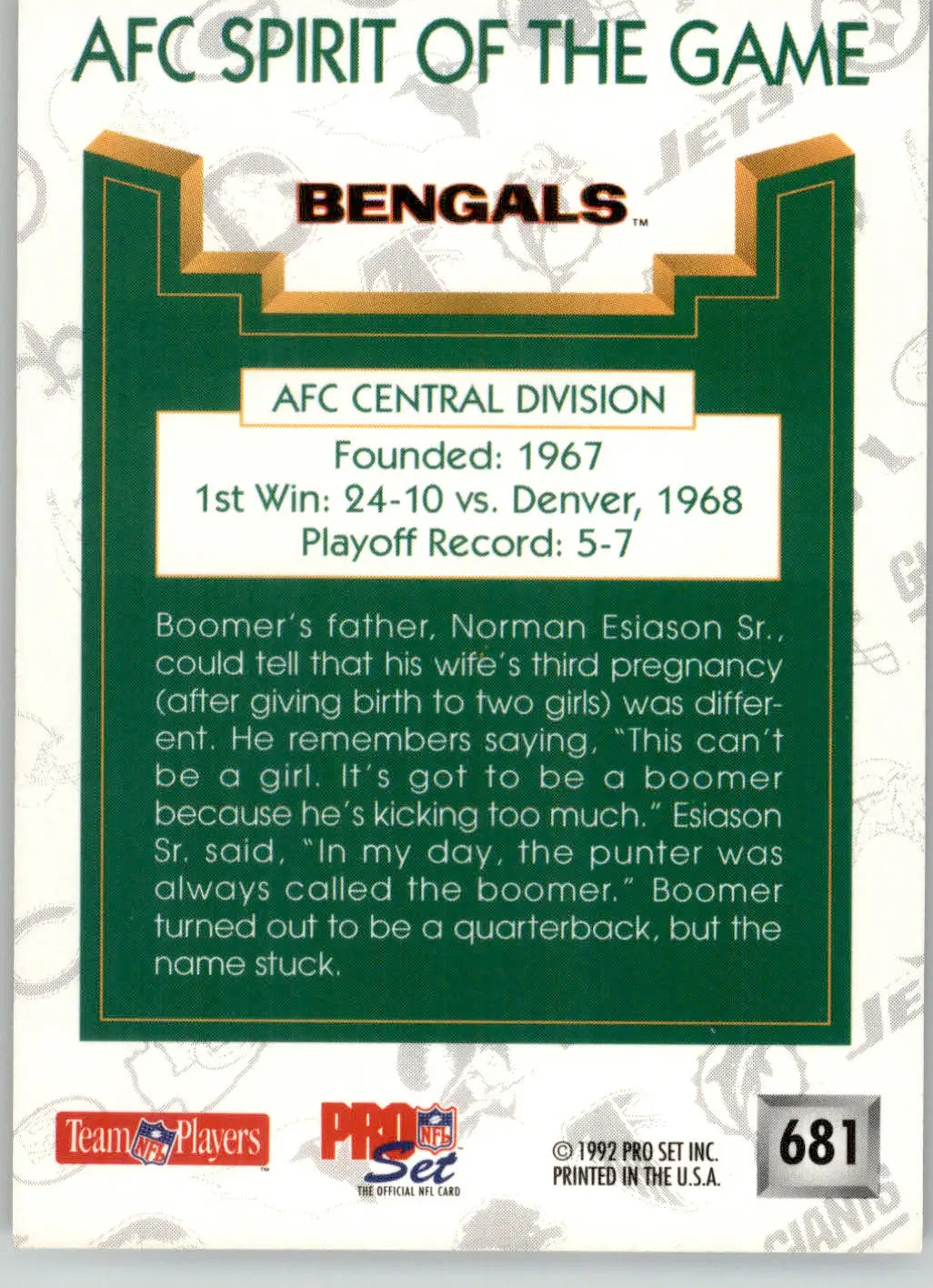 Cincinnati Bengals SOTG - 1992 Pro Set - #681 - Football - Football Card Single