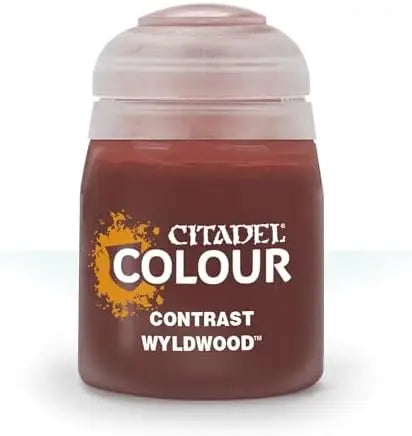 Citadel Paint Contrast Wyldwood pot showcasing contrast paints for miniatures