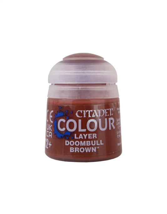 A pot of Citadel Paint Layer Doombull Brown for detailed model painting projects