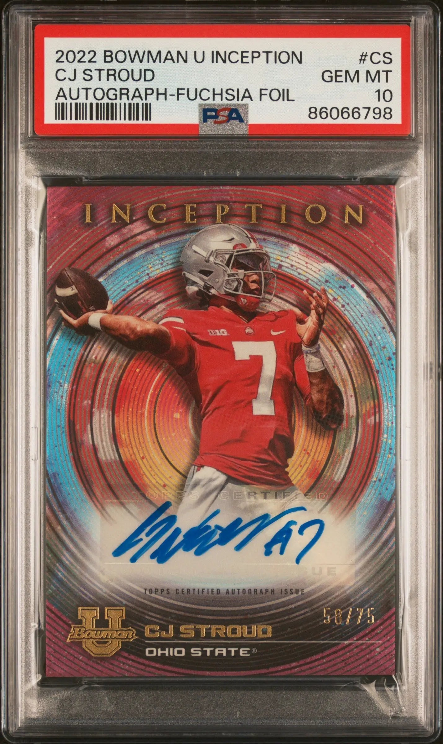 CJ Stroud 2022 Bowman U Inception Fuchsia Foil Auto #58/75 PSA 10 Gem Mint - Football Card Single