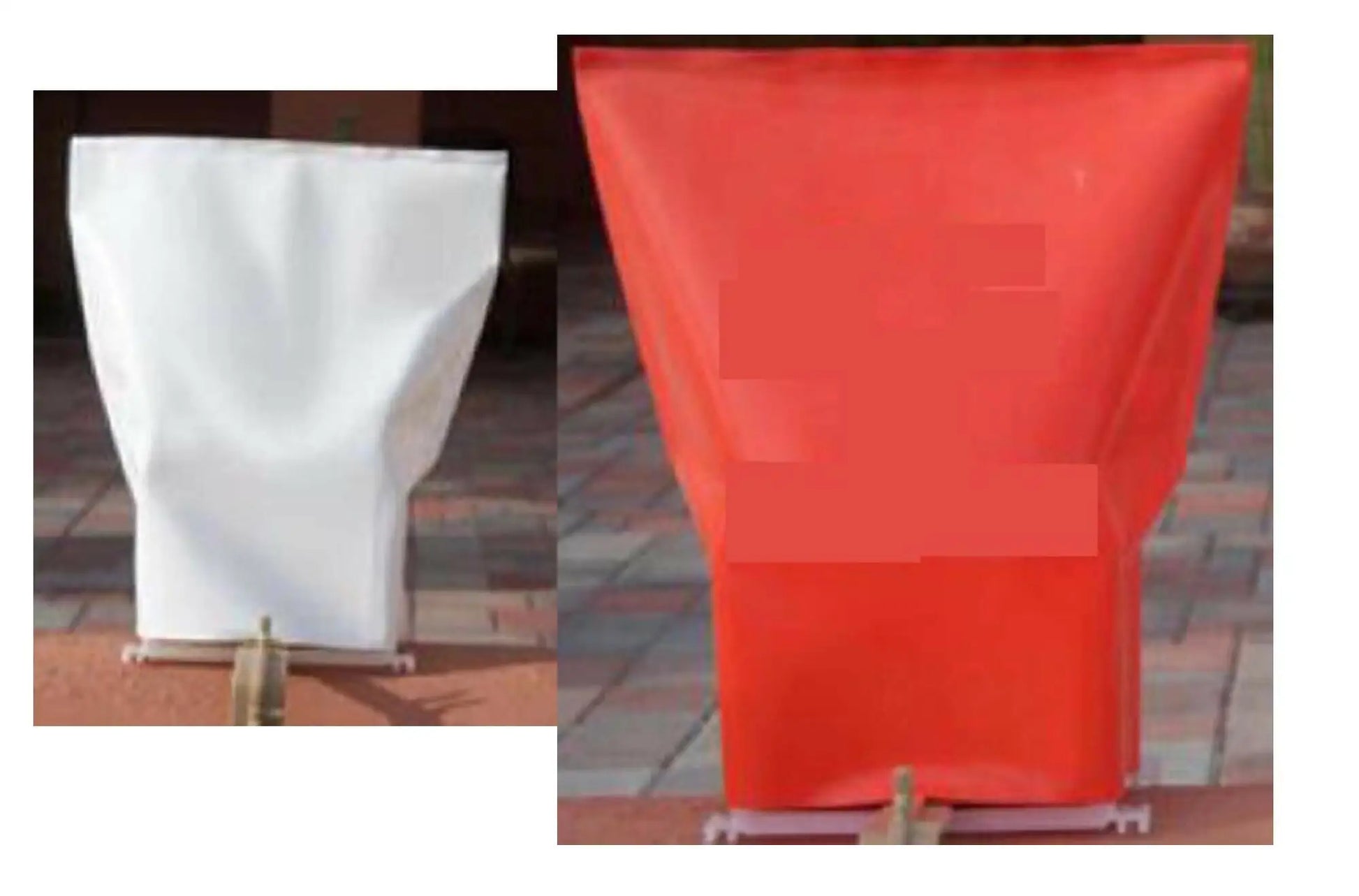 Two inverted fabric luminarias bags, white and red, for electric luminarias or luminarias bags