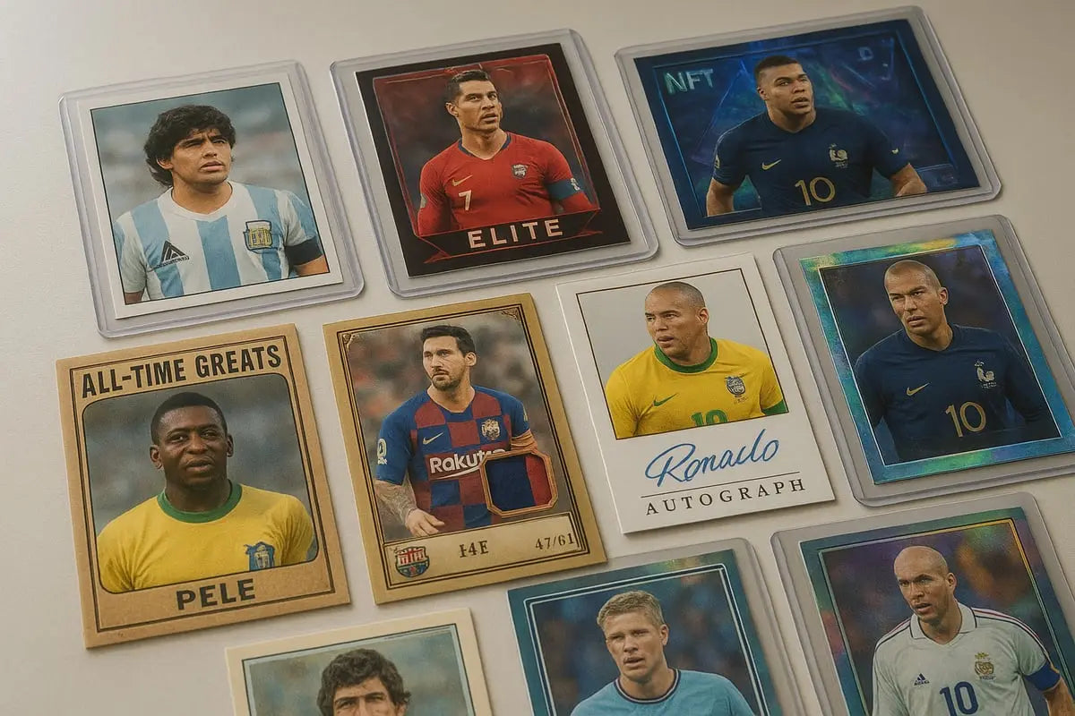 Classic soccer trading cards of Pele and Ronaldo in vibrant jerseys