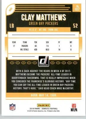Clay Matthews - 2018 Donruss - #107 - Football - Football Card Single