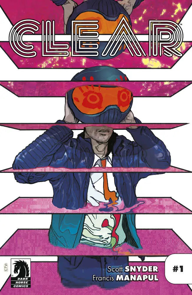 Comic book cover of Clear #1 featuring futuristic goggles, blue jacket, and pink background