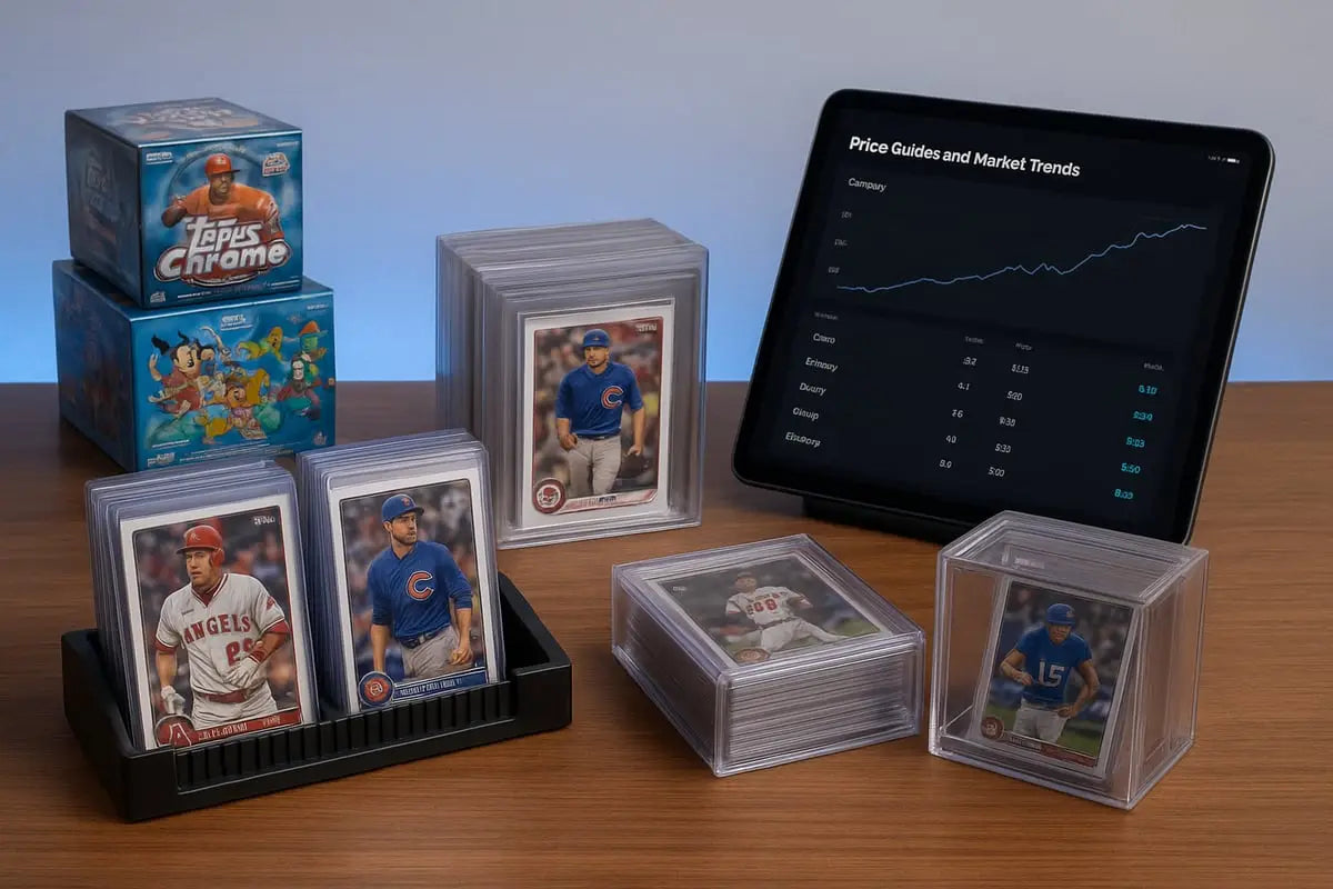 Clear plastic cube holders displaying Topps collectible cards
