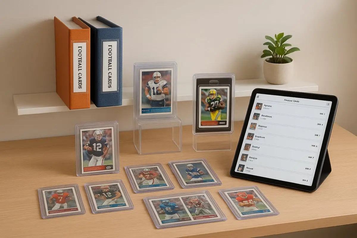 Clear plastic stands displaying football cards for your collection