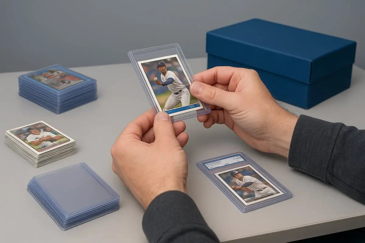 Baseball box card in clear protective sleeve, player mid-throw