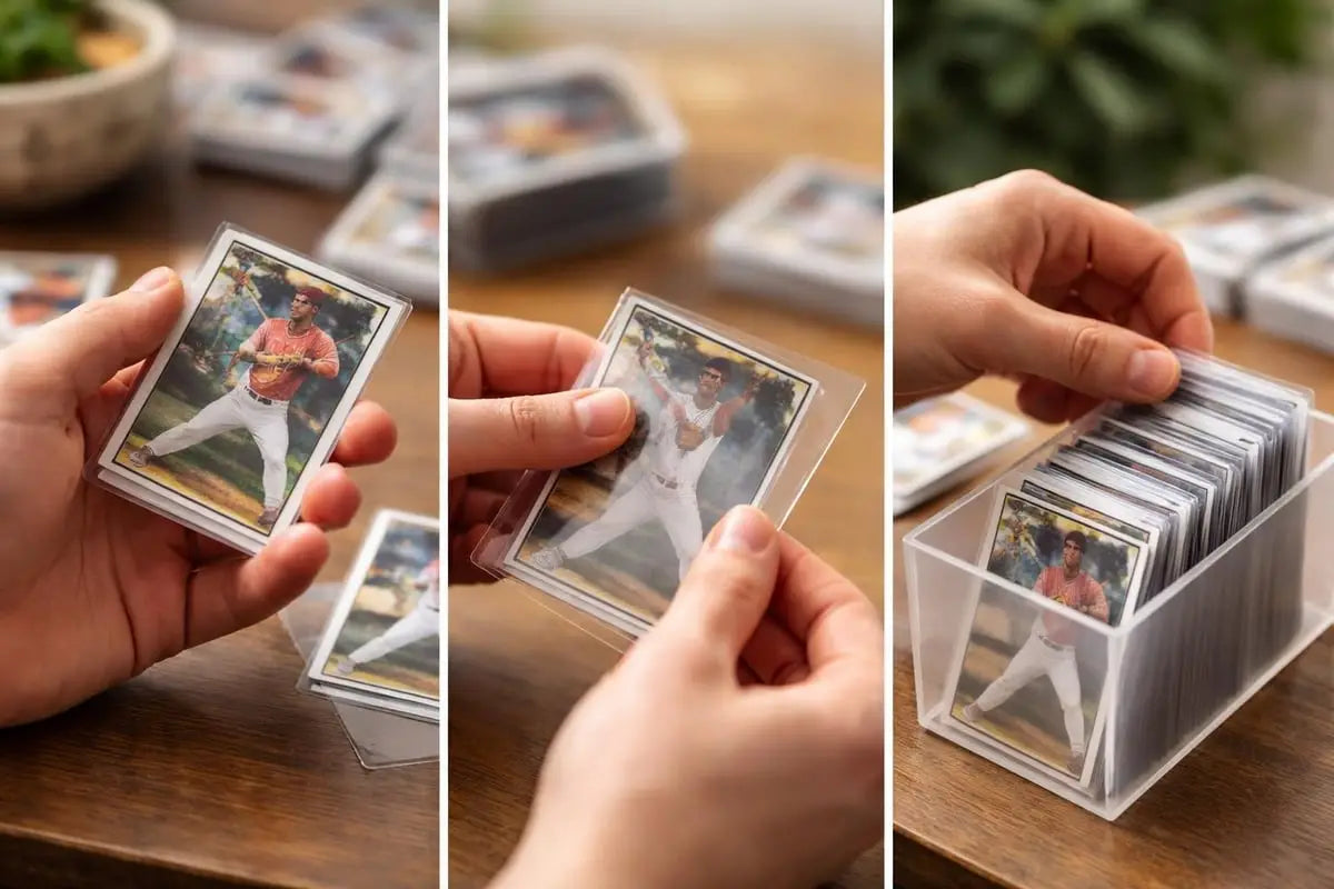 Clear penny sleeves protecting baseball card photographs