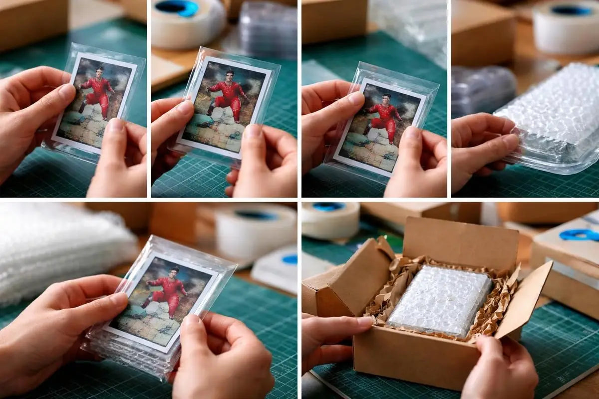 Clear plastic sleeve protects sports card of man in red attire for selling