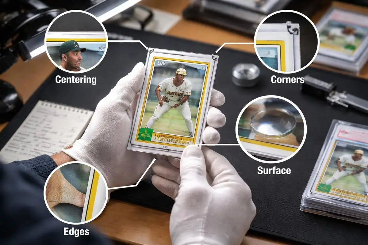 a clear acrylic protective case encasing a vintage rickey henderson rookie card with yellow borders and green corner accents featured in the rickey henderson rookie card value guide for 2026
