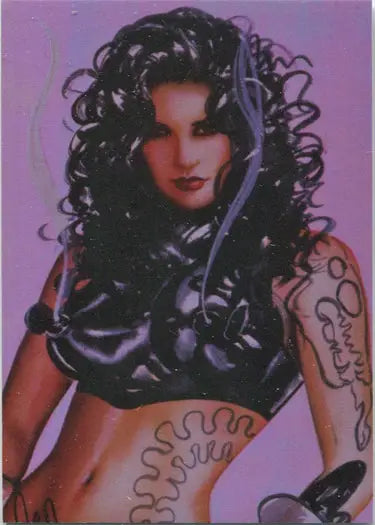 Woman with voluminous dark curly hair in black top beside Clearly Olivia Omnichrome Chase Card