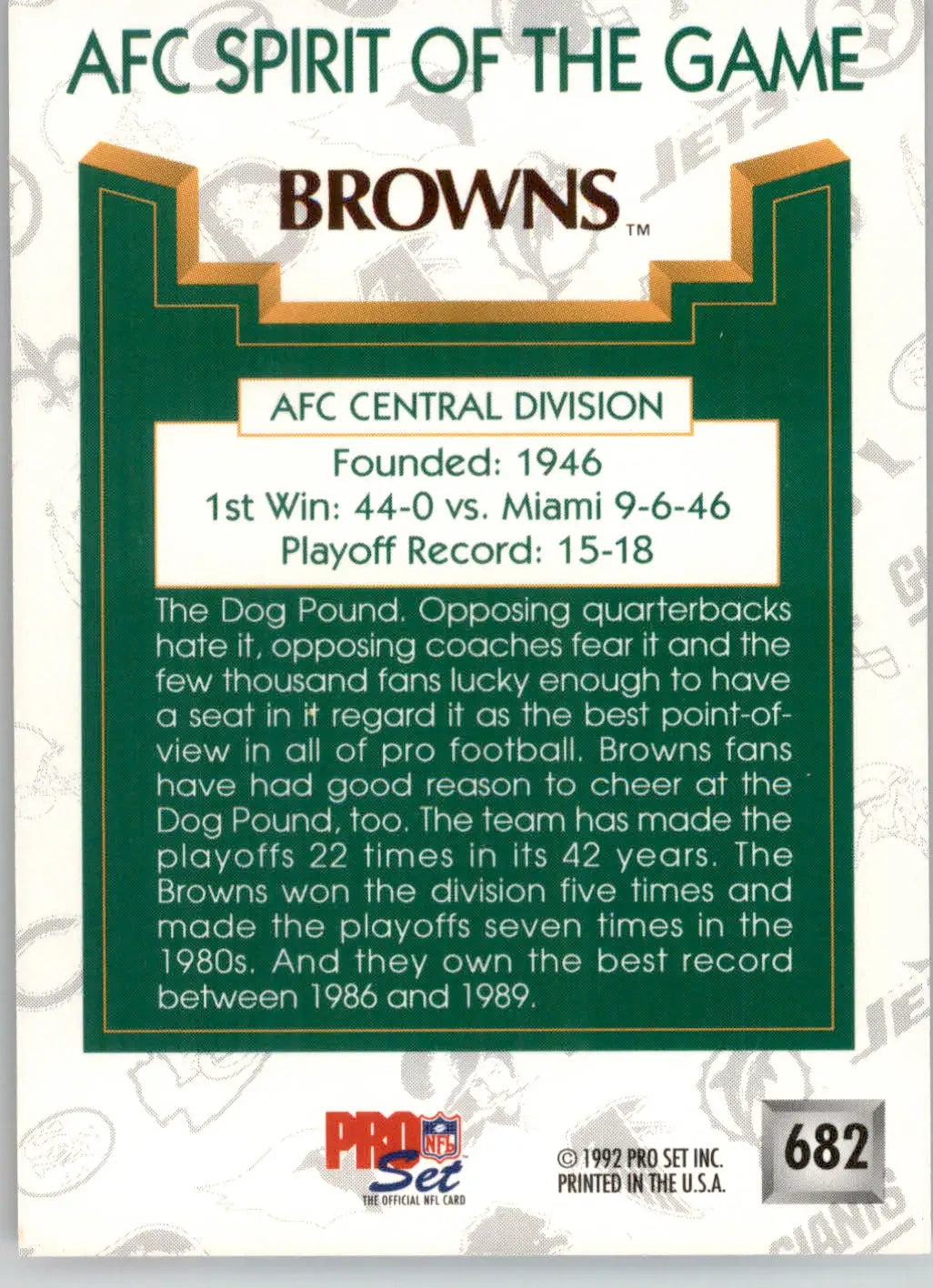 Cleveland Browns SOTG - 1992 Pro Set - #682 - Football - Football Card Single