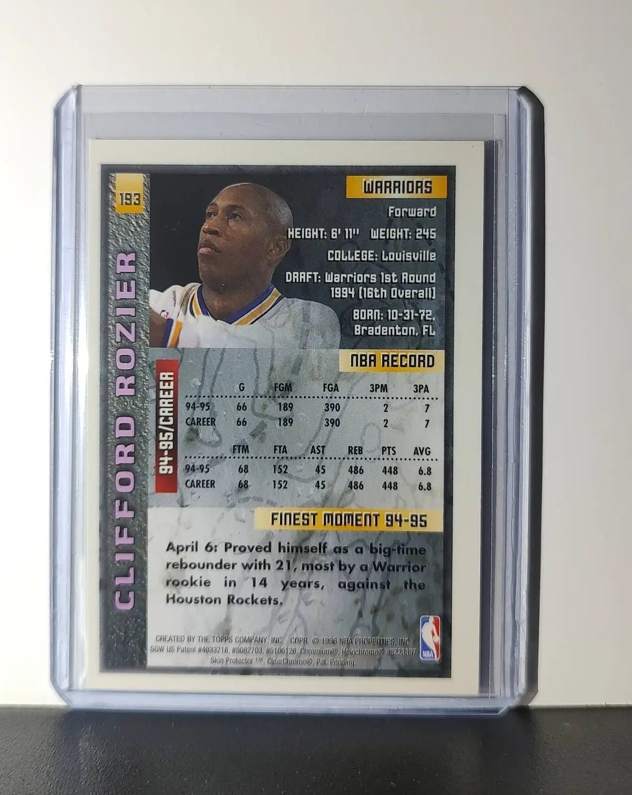 Clifford Rozier 1995-96 Topps Finest NBA #193 Card Warriors