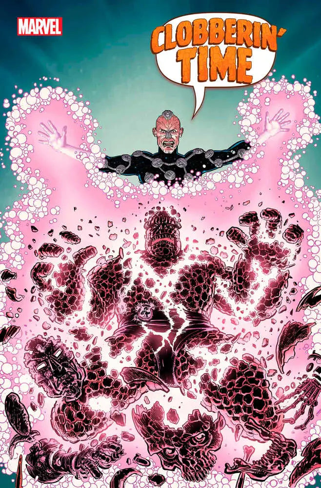 Comic book cover of Clobberin Time #5 featuring pink energy explosions and silhouettes