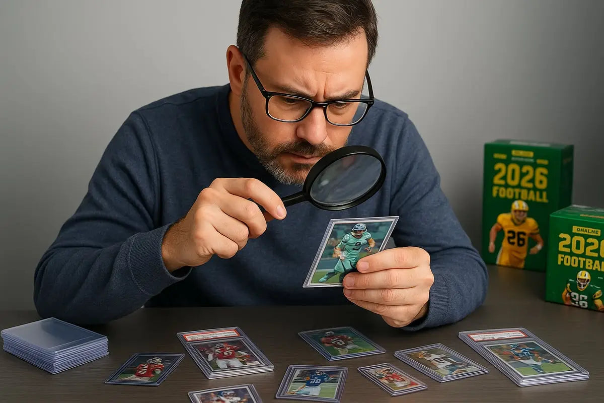 Close-up of Panini football card with teal-uniformed player number 26 in protective case