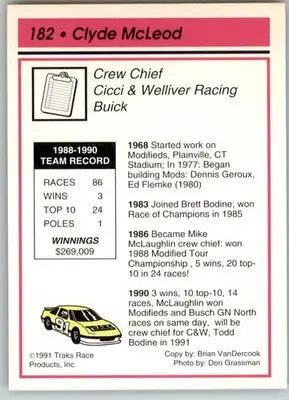 Clyde McLeod - 1991 Traks - #182 - RC Racing - Racing Card Single