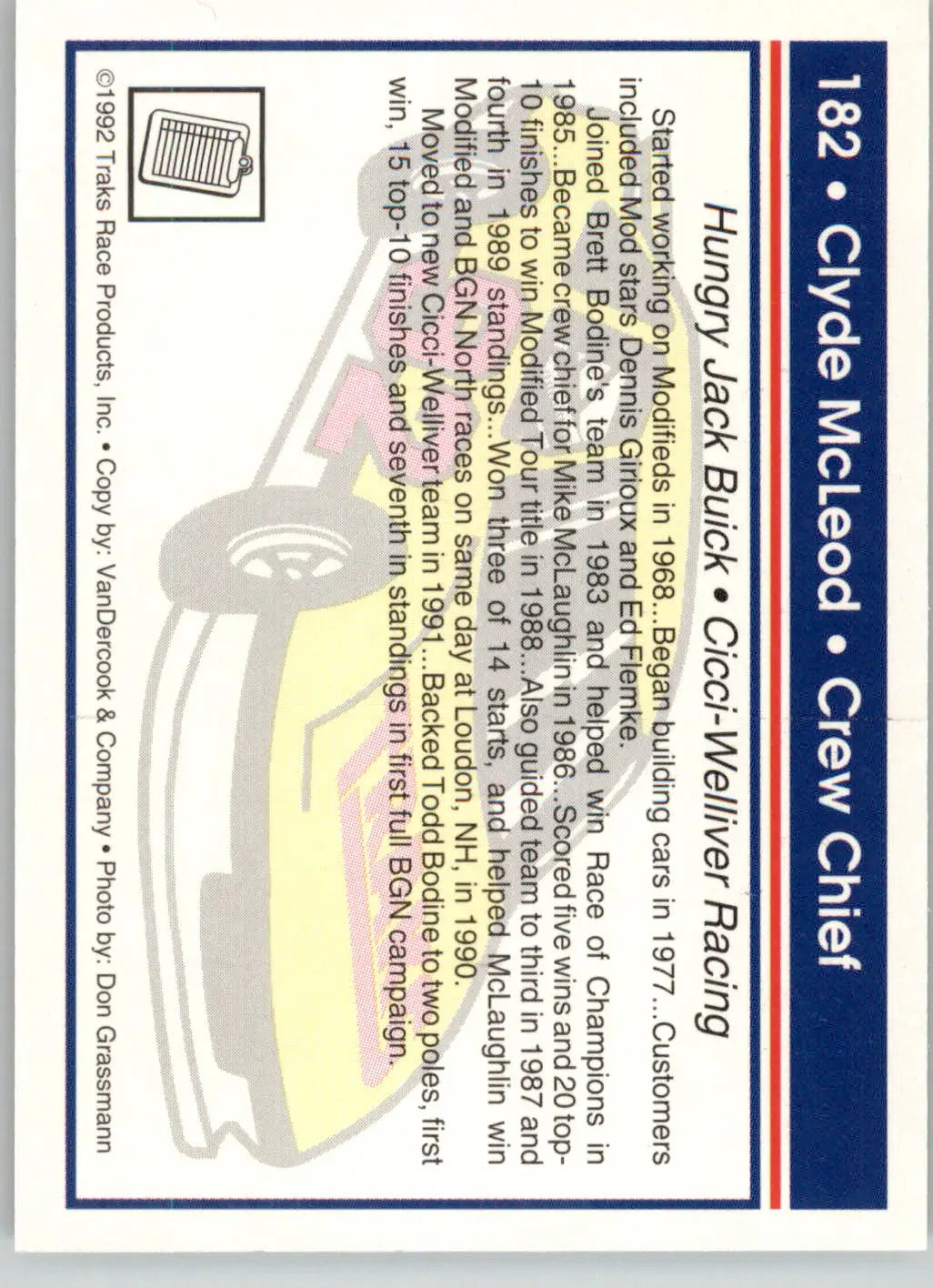 Clyde McLeod - 1992 Traks - #182 - Racing - Racing Card Single
