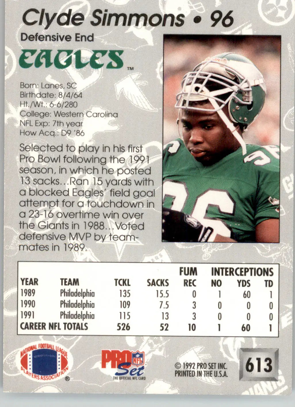Clyde Simmons - 1992 Pro Set - #613 - Football - Football Card Single