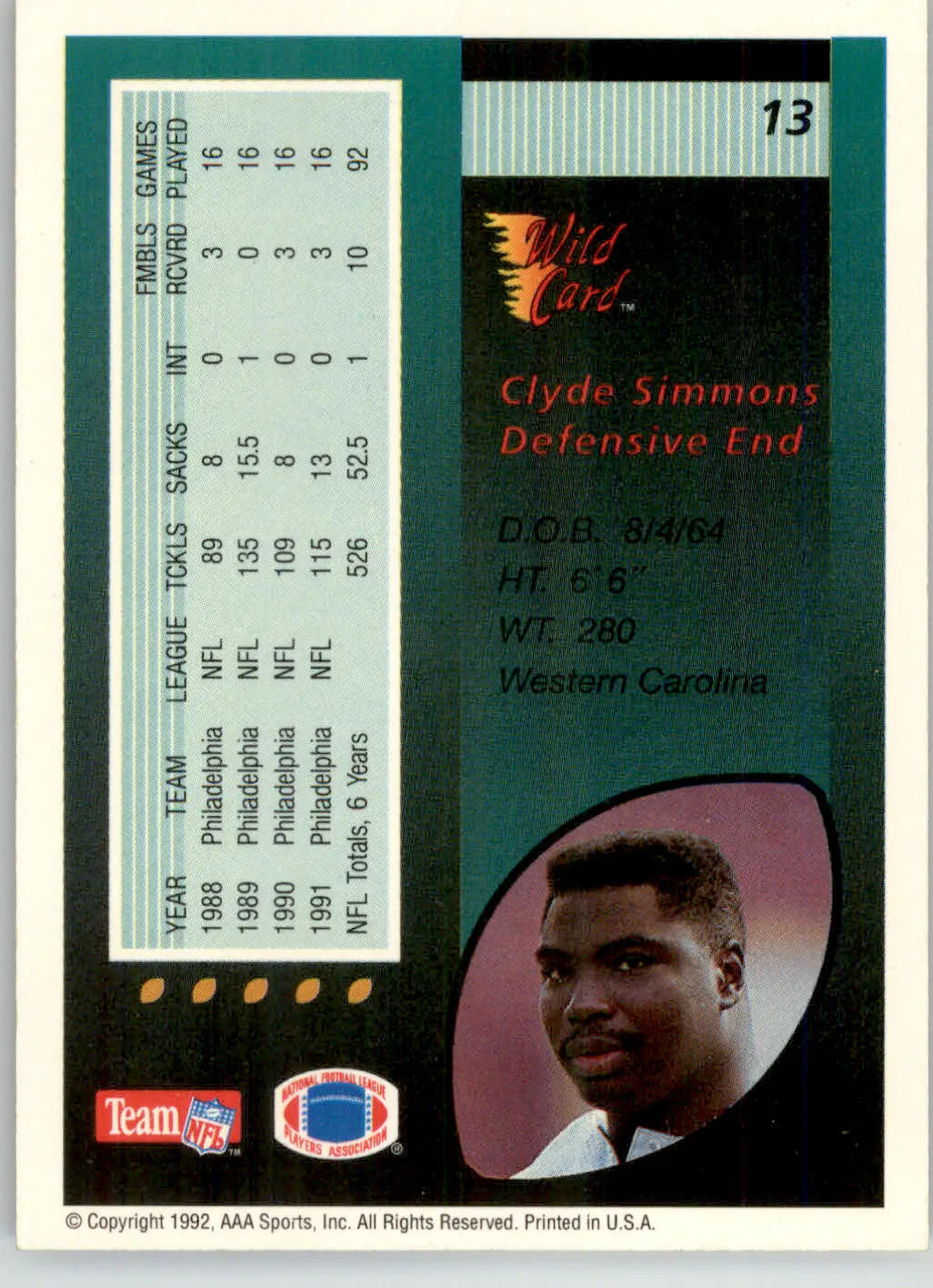Clyde Simmons - 1992 Wild Card - #13 - Football - Football Card Single
