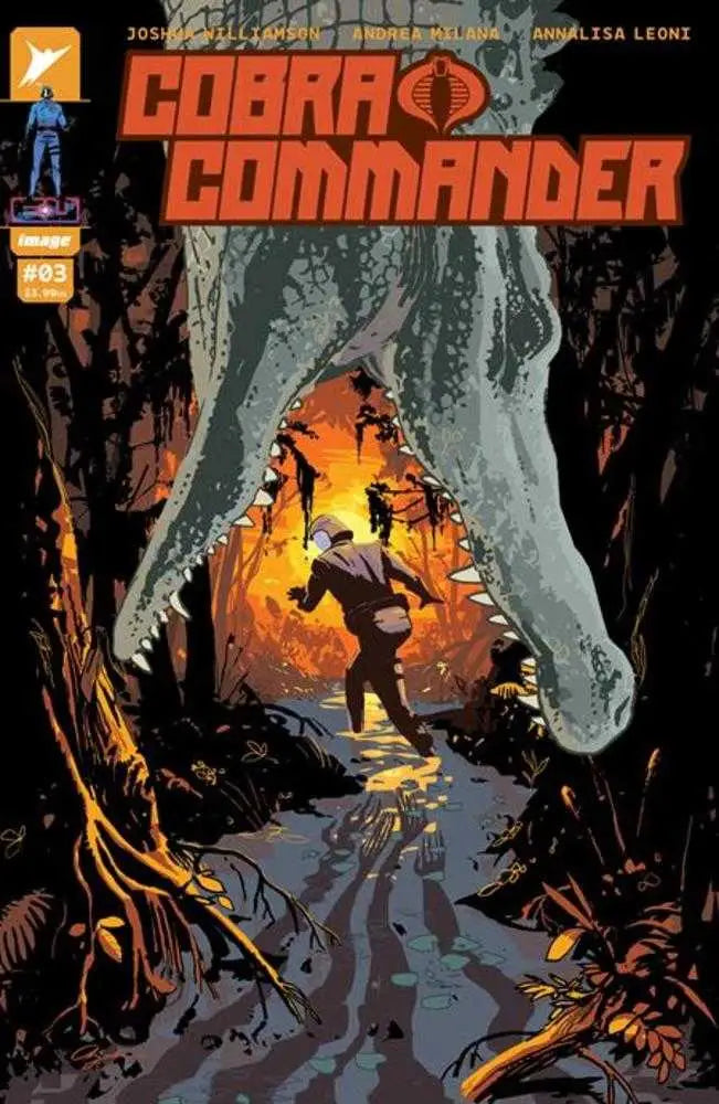 Cobra Commander #3 cover featuring a dinosaur looming over a figure in a cave