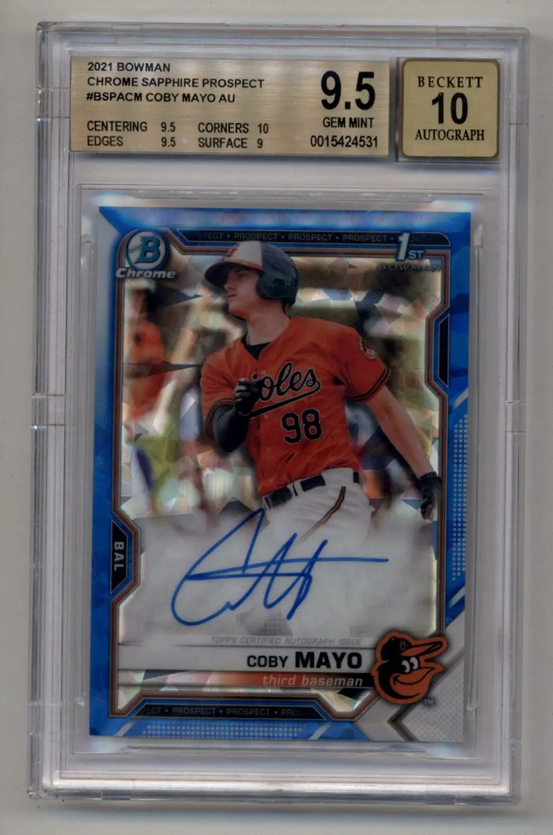 Coby Mayo Bowman Chrome Prospect Sapphire autographed baseball card BGS 9.5 Gem Mint