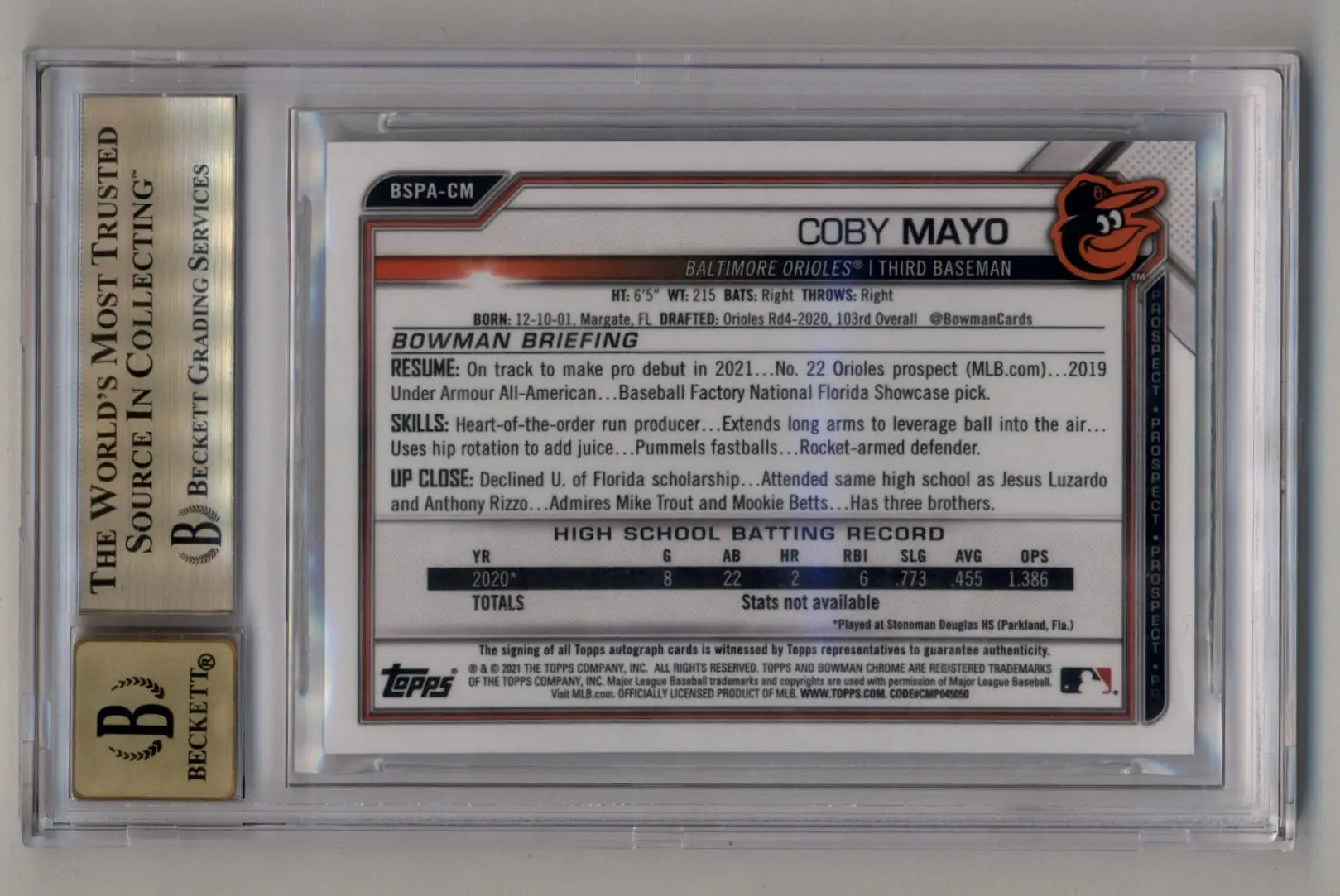 Encased Coby Mayo baseball card from Bowman Chrome Prospect Sapphire series with auto