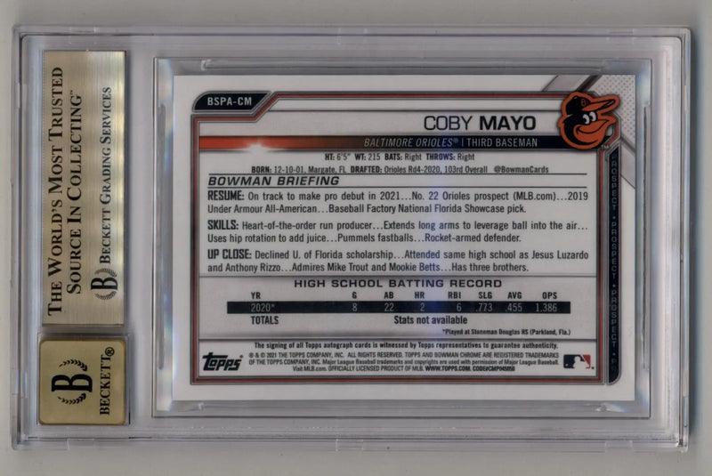 Encased Coby Mayo baseball card from Bowman Chrome Prospect Sapphire series with auto