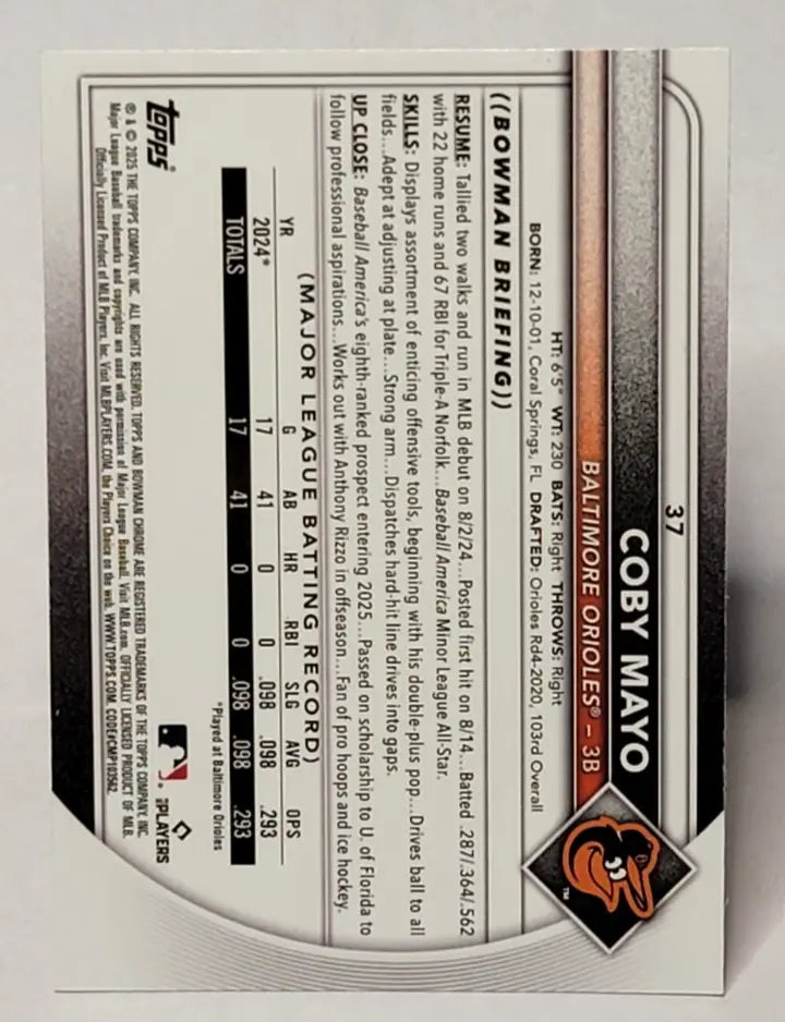 Coby Mayo Bowman 2025 Rookie Chrome Mojo Refractor Baseball Card Baltimore Orioles