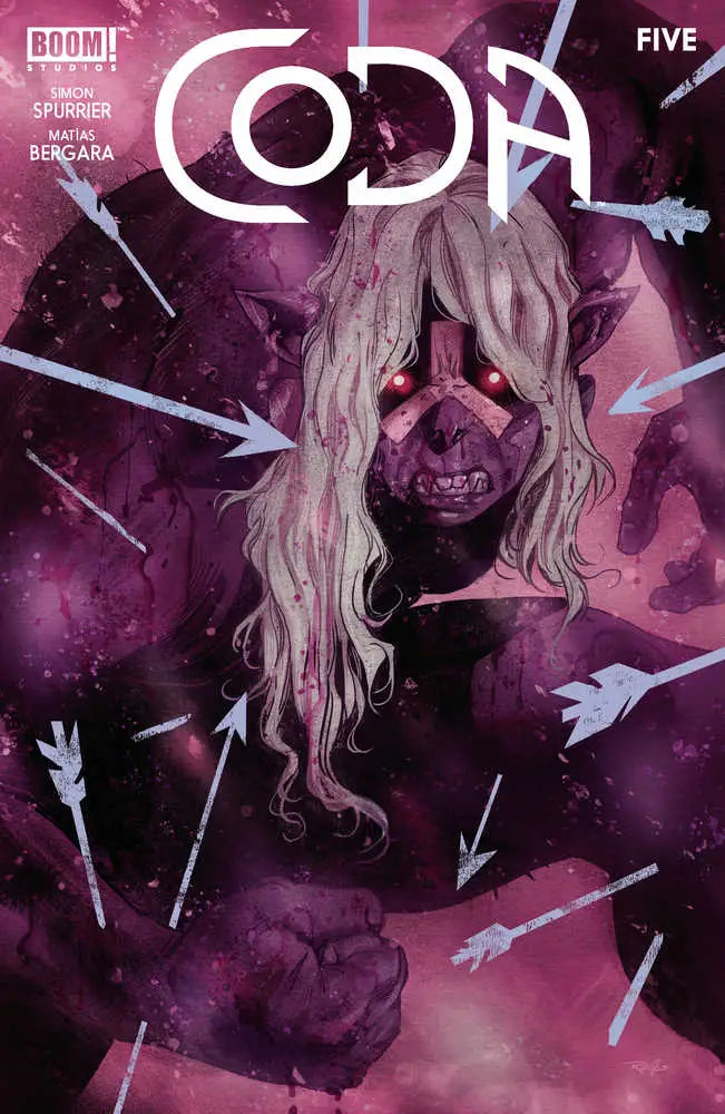 Dark comic book cover of Coda #5 featuring arrows on a purple backdrop and blonde hair