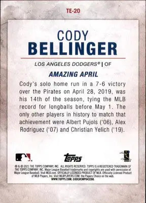 Cody Bellinger 2021 Topps Cody Bellinger Highlights #TE-20 Los Angeles Dodgers - Baseball Card Single