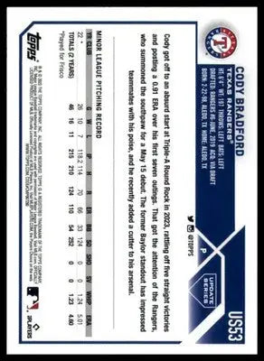 Cody Bradford Rookie 2023 Topps Update #US53 Texas Rangers - Baseball Card Single