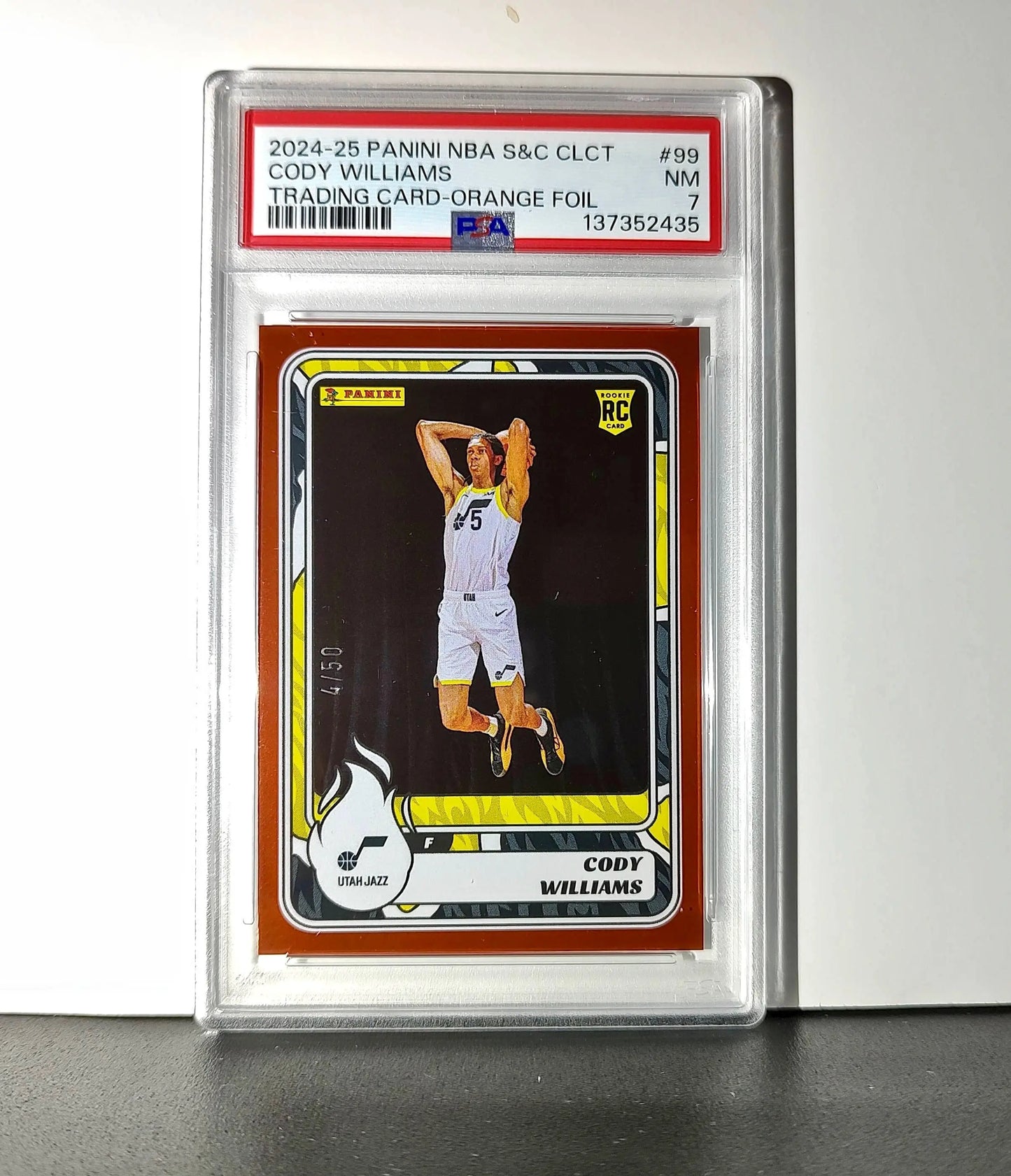 Cody Williams Rookie 2024-25 Panini NBA #99 Sticker 4/50 Orange Foil PSA 7 NM - Basketball Card Single