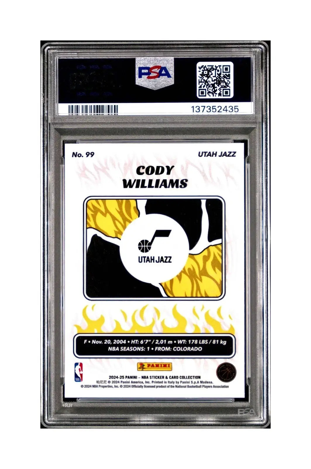 Cody Williams Rookie 2024-25 Panini NBA #99 Sticker 4/50 Orange Foil PSA 7 NM - Basketball Card Single