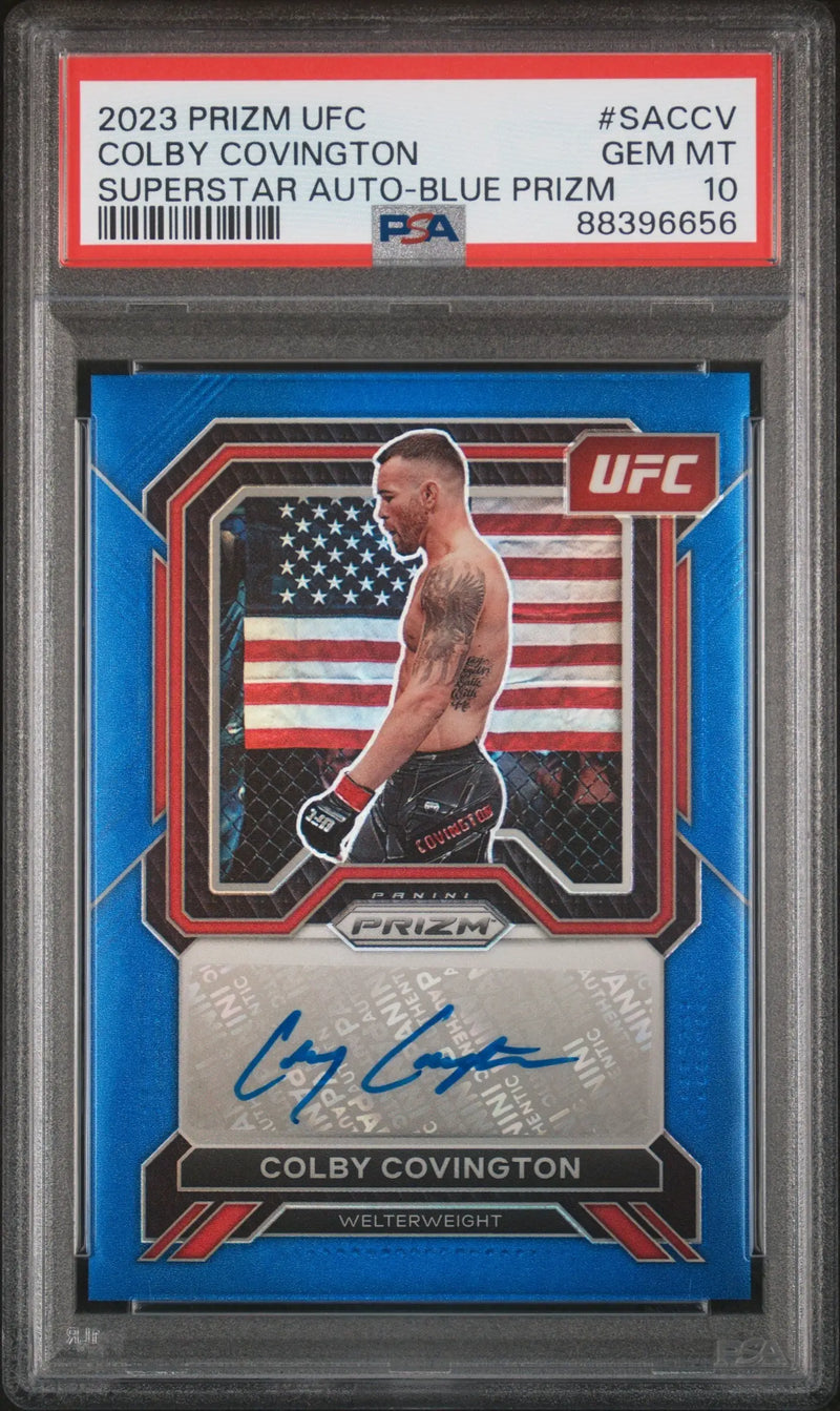 Colby Covington 2023 Panini Prizm Blue Auto #45/49 PSA 10 Gem - UFC/MMA Card Single
