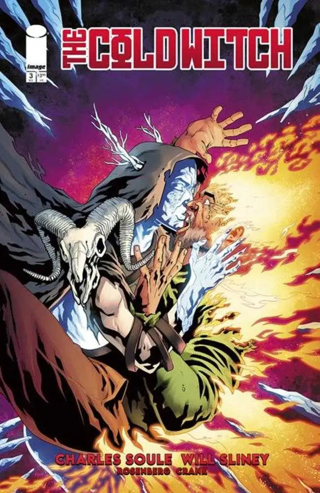 Comic book cover featuring shrouded college and cold witch with fiery figure and ram skull