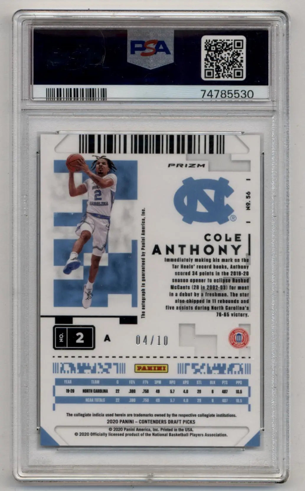 Cole Anthony 2020-21 Contenders Draft Picks Gold 04/10 PSA 10 Gem Mint Auto 10 - Basketball Card Single