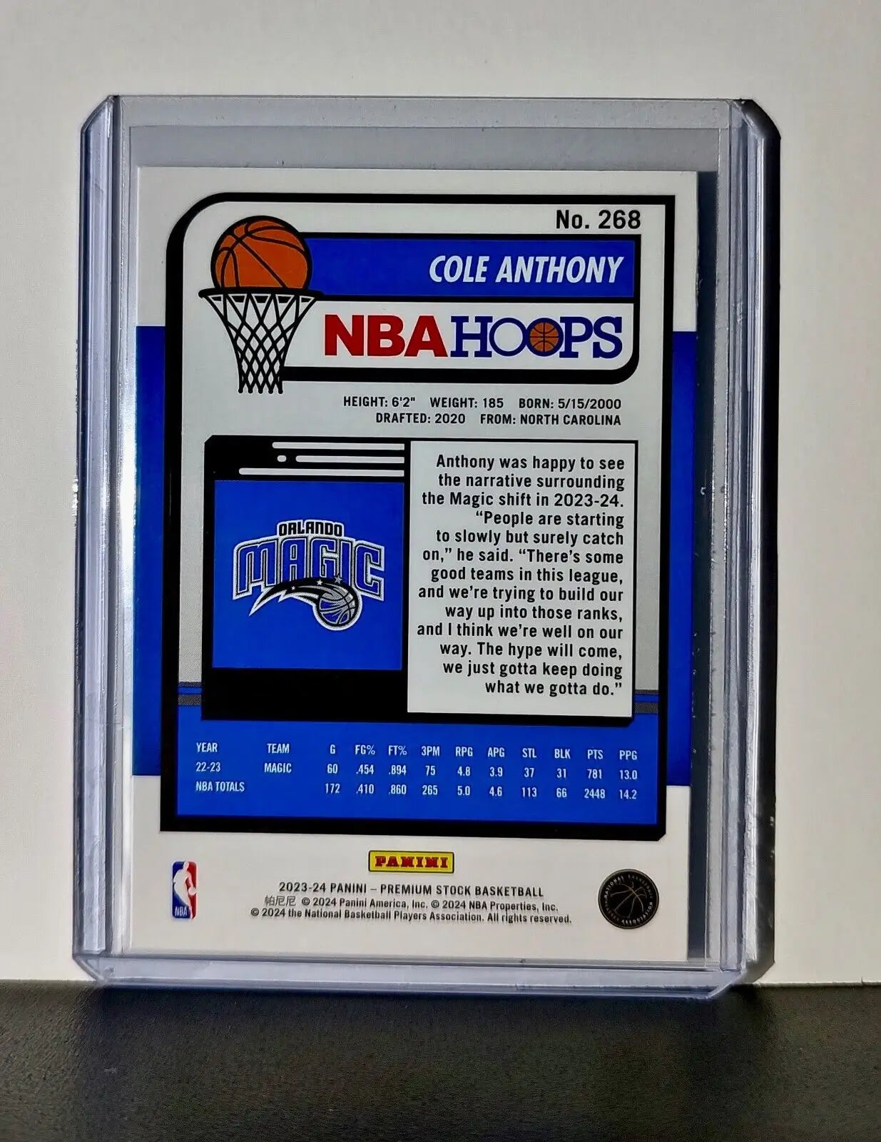 Cole Anthony 2023-24 Panini Premium Stock NBA Hoops #268 Card Orlando Magic - Basketball Card Single