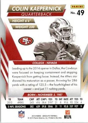 Colin Kaepernick - 2014 Panini Absolute - #49 - Retail Football - Football Card Single
