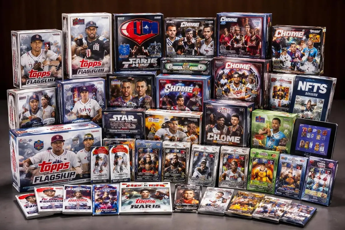 Assorted Topps trading card boxes with baseball card designs