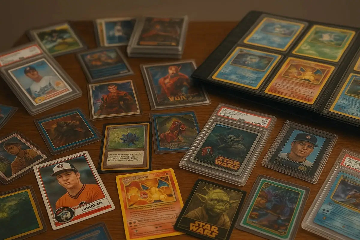 Assorted Pokémon and Star Wars collecting cards in sleeves on wood