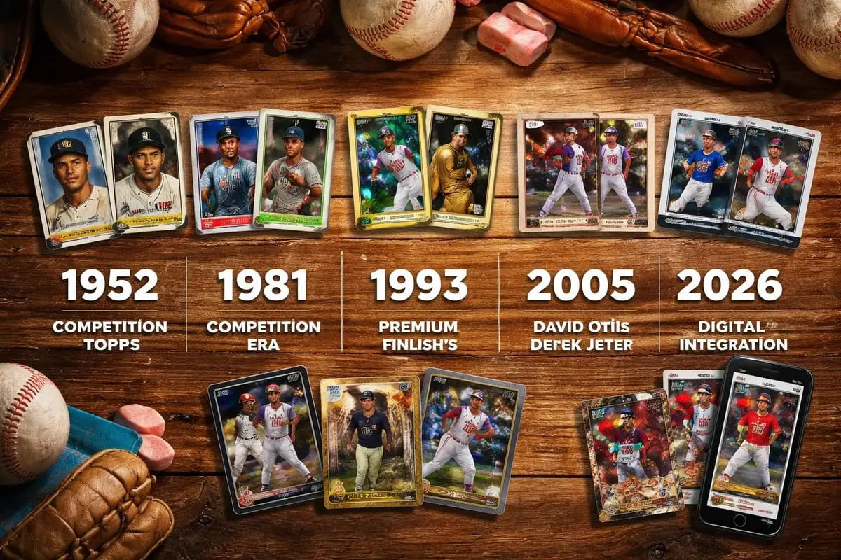 Topps baseball cards collection from 1952, 1981, 1993 on wood